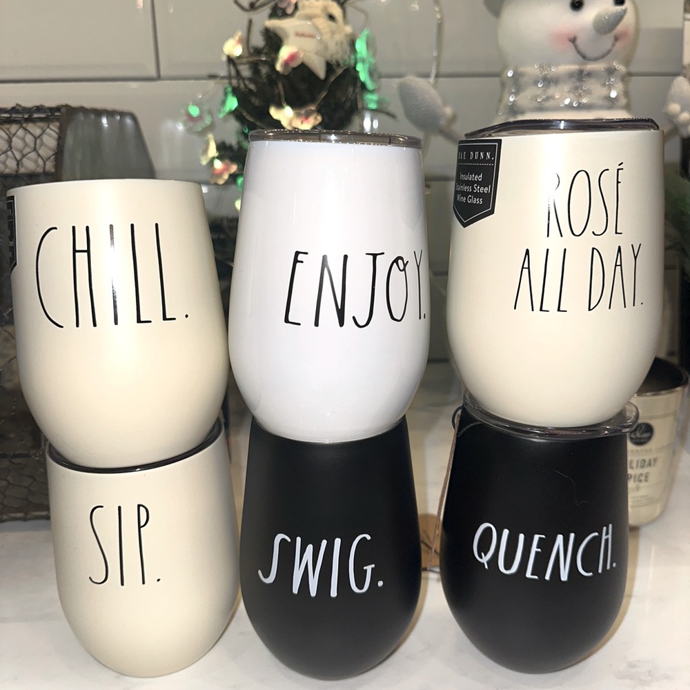 Rae Dunn wine tumblers.